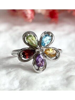 Rainbow Gemstone Floral Multicolor Gemst Sterling Silver 925 Vintage Ring - sz 7
